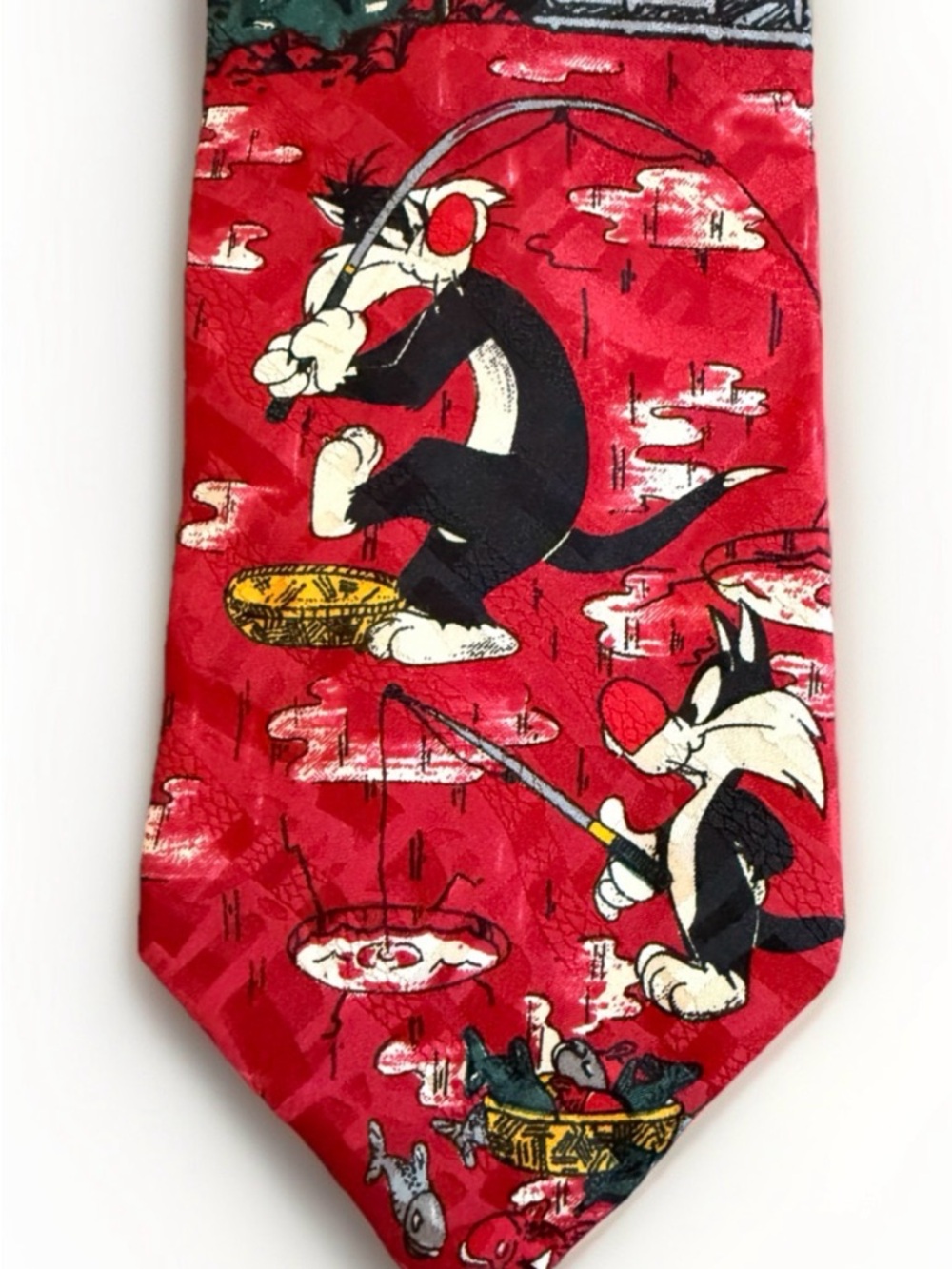 Vintage Looney Tunes Sylvester Silk Tie Fishing Novelty 1992 View 2